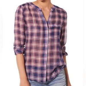 Silver Jeans Co. Navy Plaid Long Sleeve Button-Down Blouse